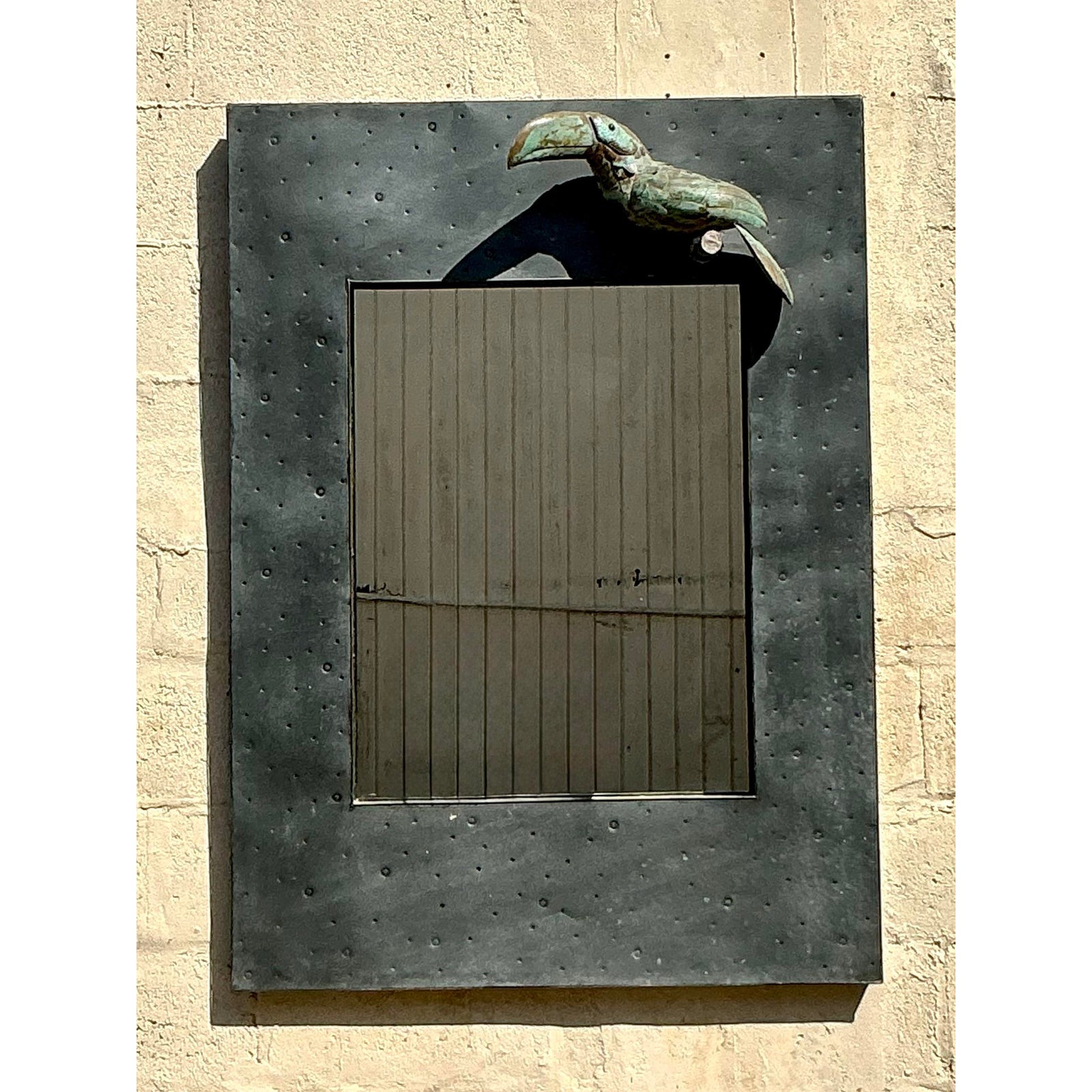 Vintage Coastal Hammered Metal Toucan Mirror - Top view