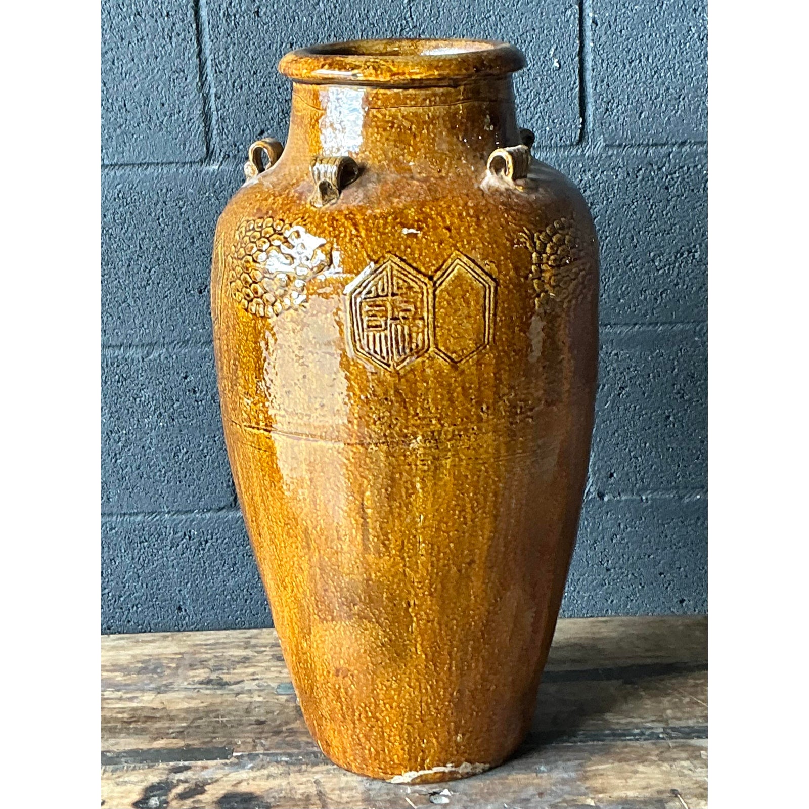 Vintage Boho Glazed Ceramic Urn - Detail view
