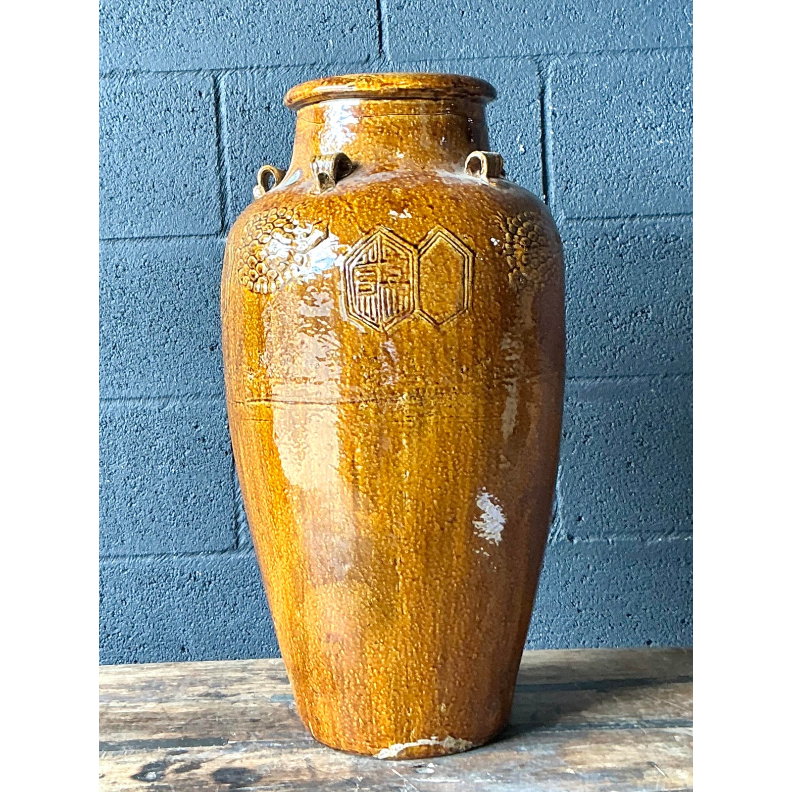 Vintage Boho Glazed Ceramic Urn - Side view