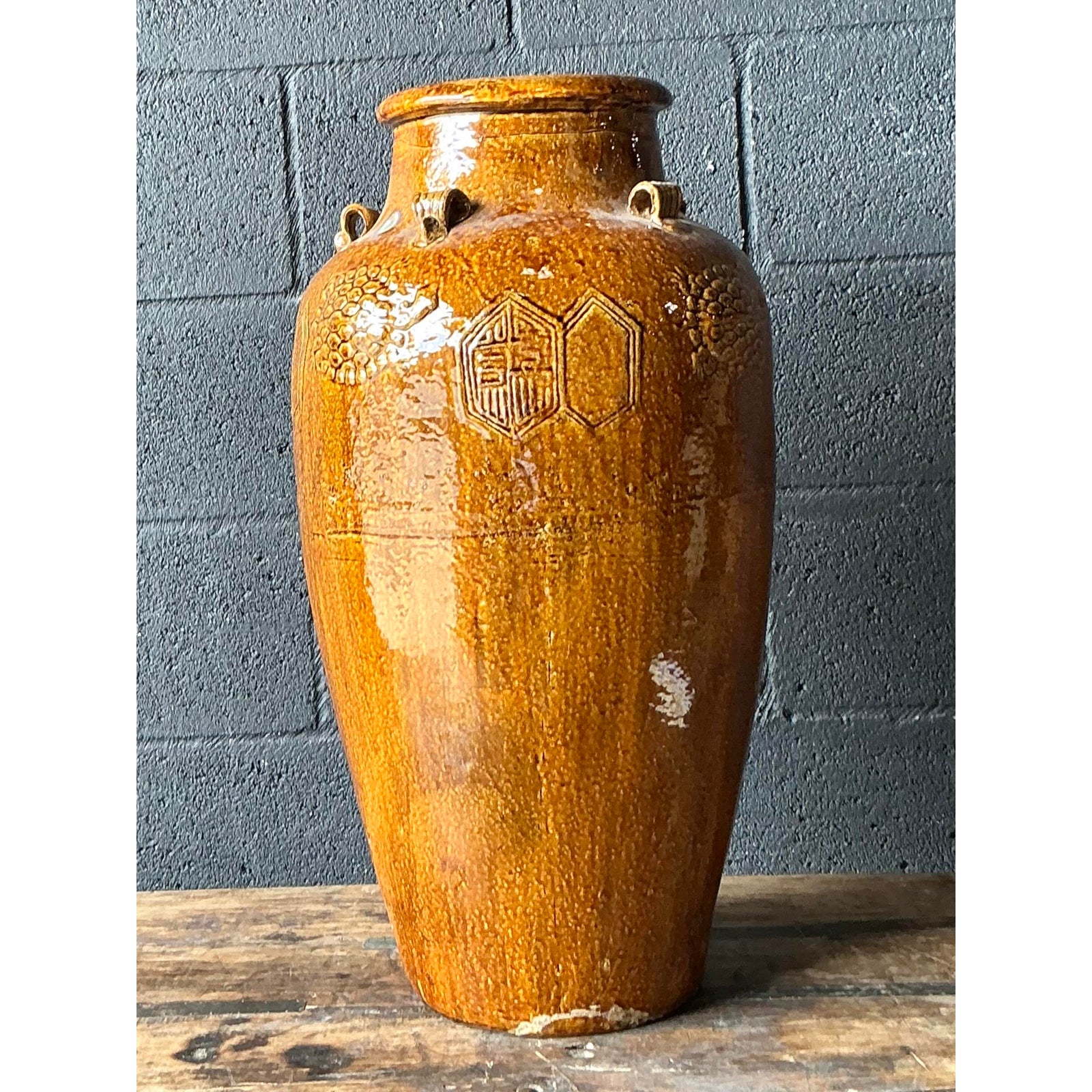 Vintage Boho Glazed Ceramic Urn - Back view