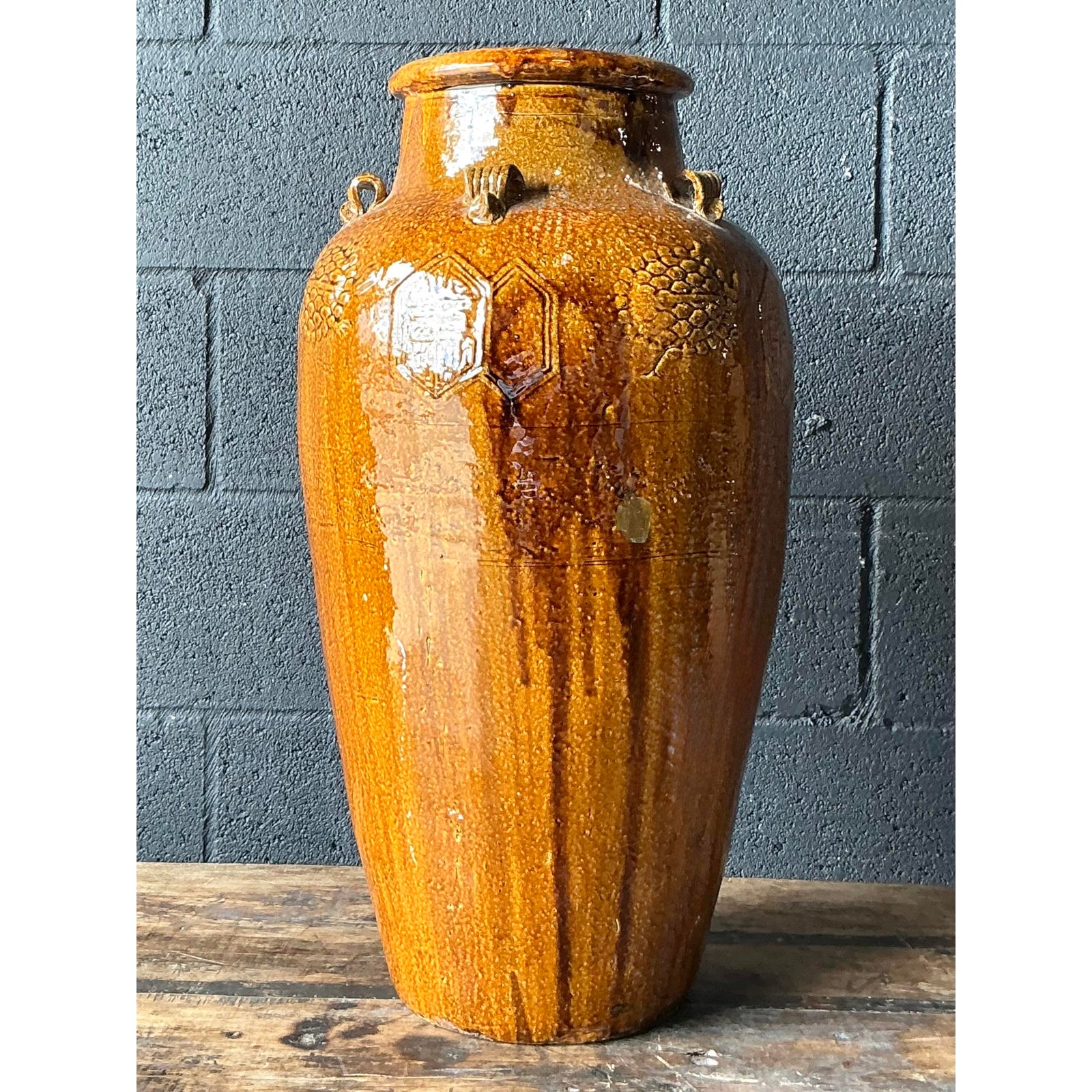 Vintage Boho Glazed Ceramic Urn - Top view