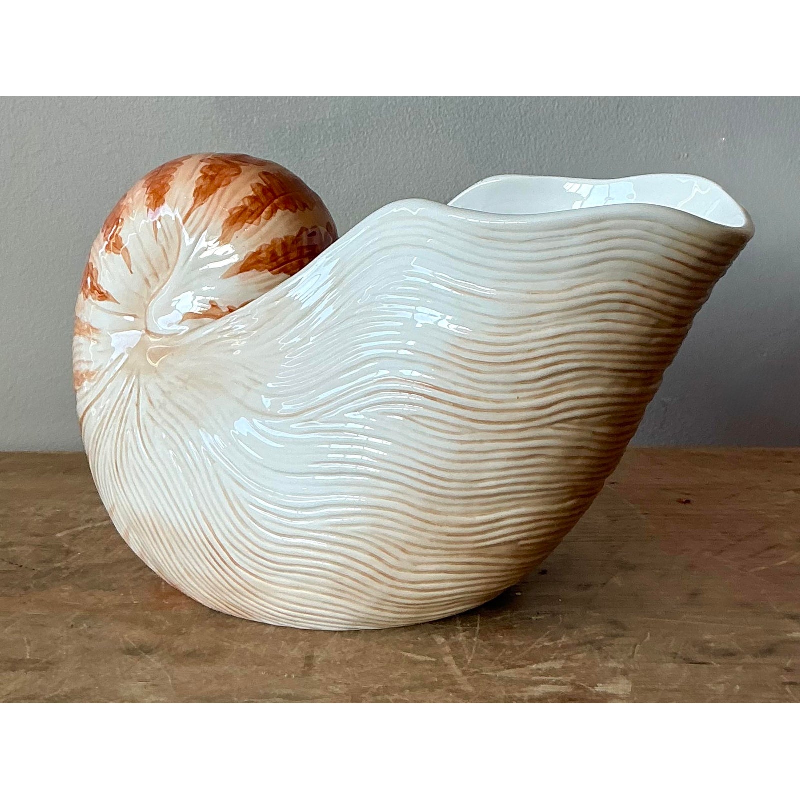 Vintage Coastal Fitz and Floyd Nautilus Shell Ceramic Cache Pot - Back view