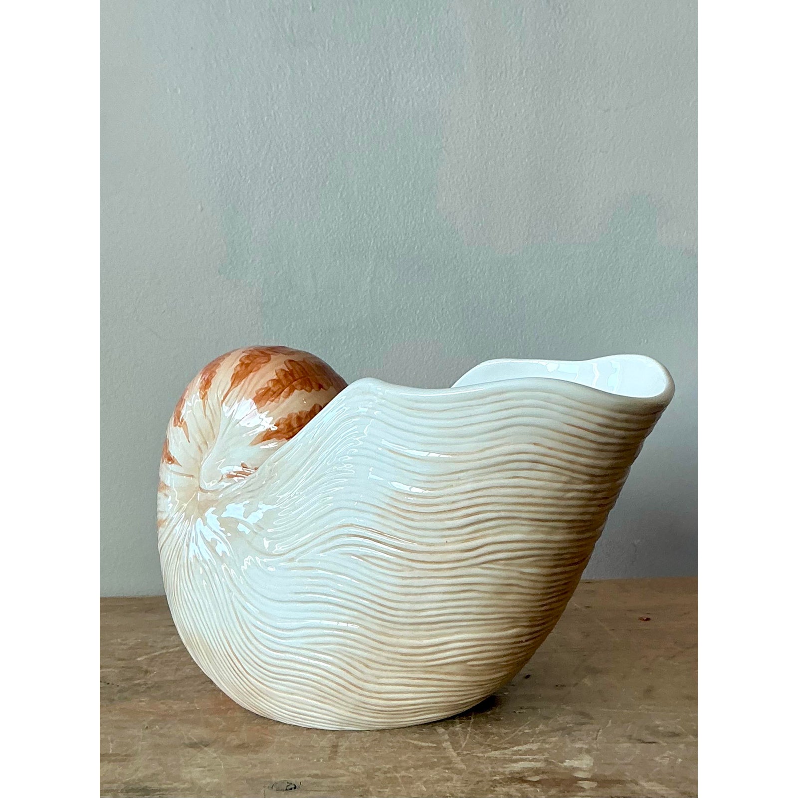 Vintage Coastal Fitz and Floyd Nautilus Shell Ceramic Cache Pot - Top view