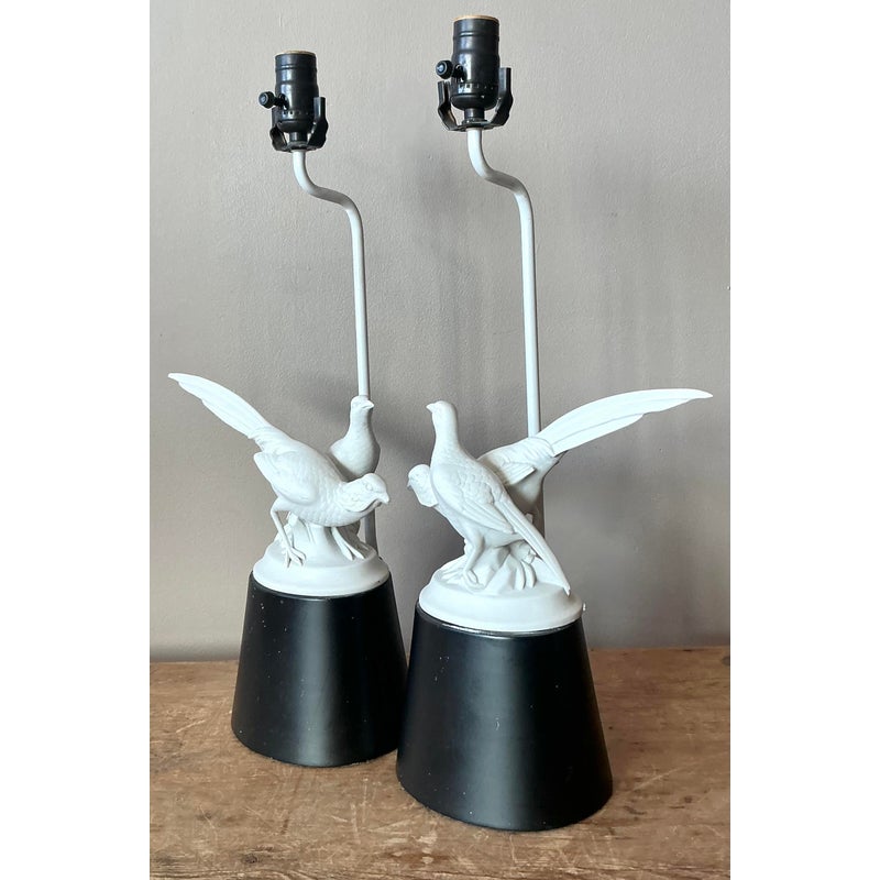 Vintage Regency Bisque Porcelain Bird Lamps - A Pair - Side view