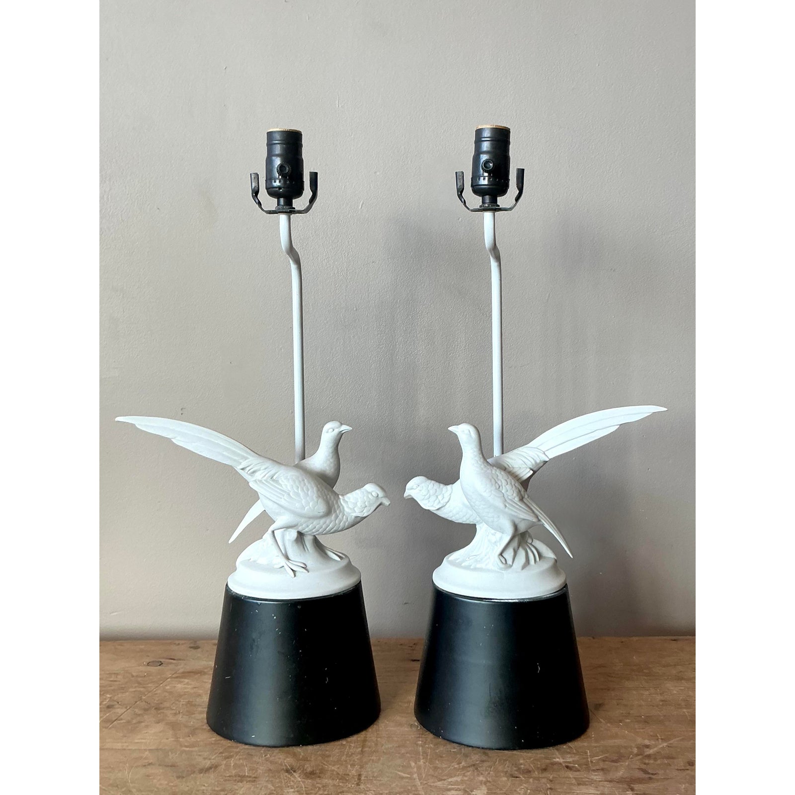 Vintage Regency Bisque Porcelain Bird Lamps - A Pair - Back view