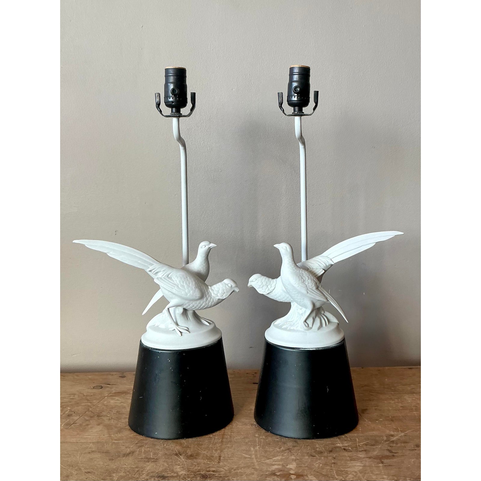 Vintage Regency Bisque Porcelain Bird Lamps - A Pair - Top view