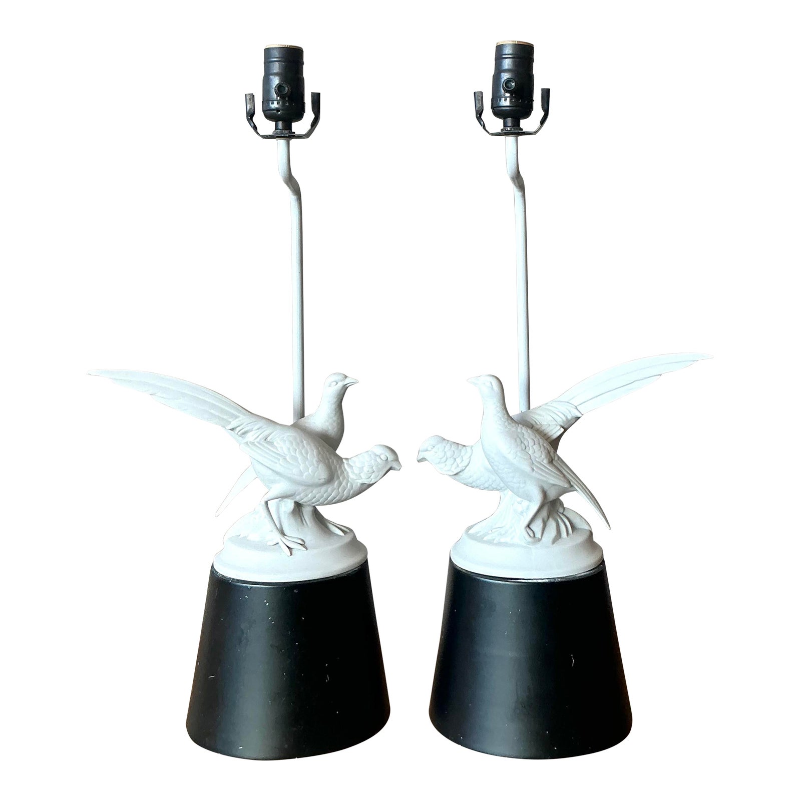 Vintage Regency Bisque Porcelain Bird Lamps - A Pair