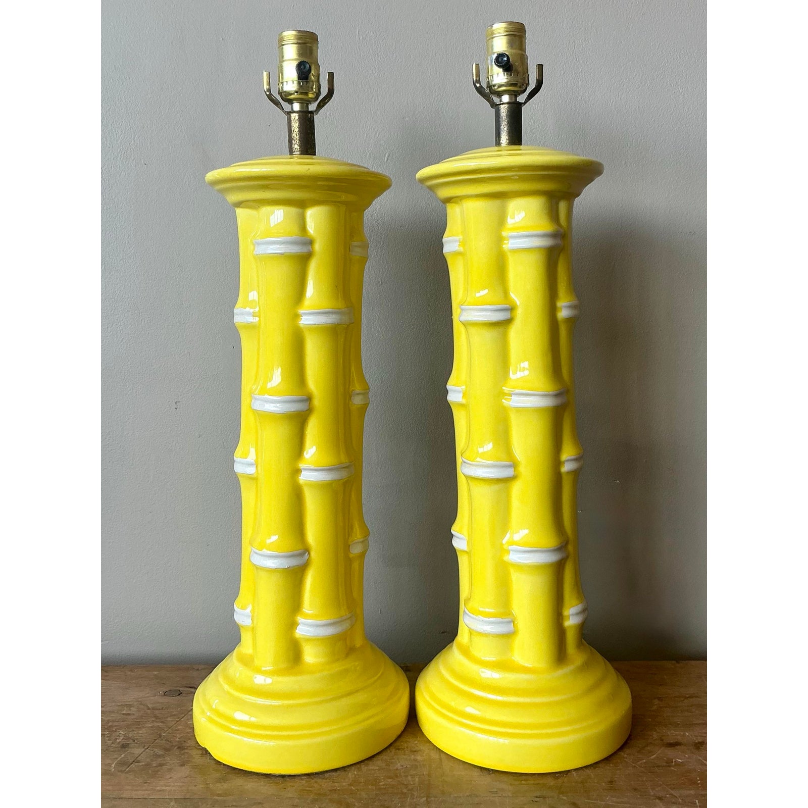 Vintage Coastal Glazed Ceramic Bamboo Lamps - A Pair - Detail view