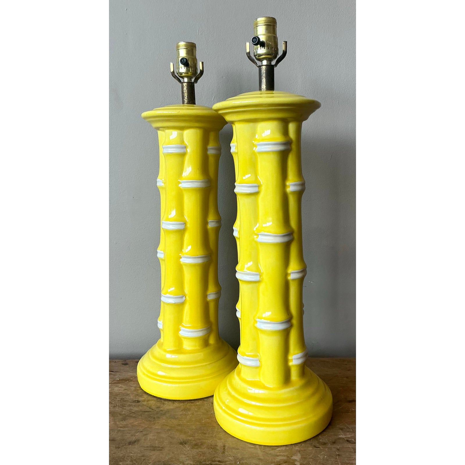 Vintage Coastal Glazed Ceramic Bamboo Lamps - A Pair - Side view