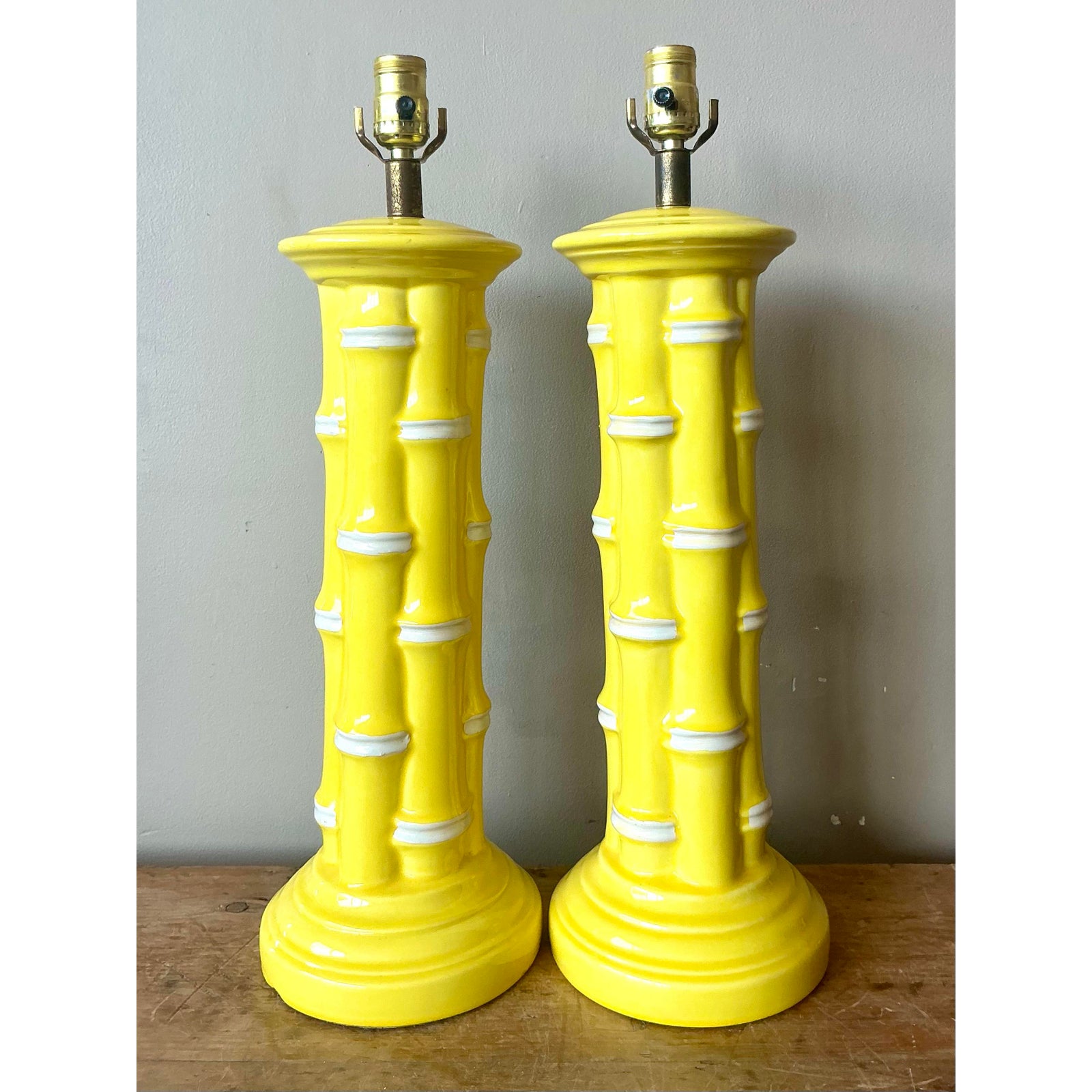 Vintage Coastal Glazed Ceramic Bamboo Lamps - A Pair - Top view