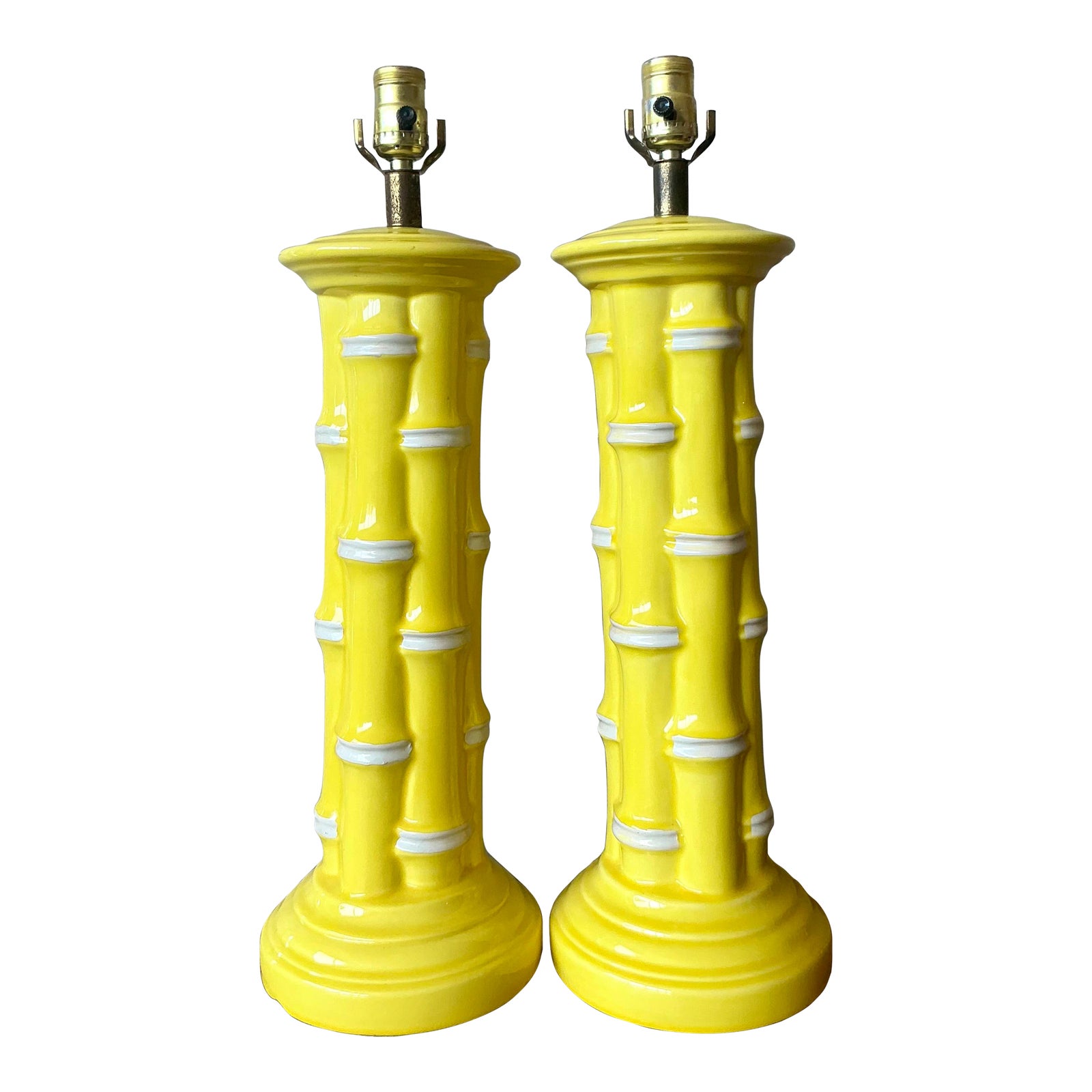 Vintage Coastal Glazed Ceramic Bamboo Lamps - A Pair