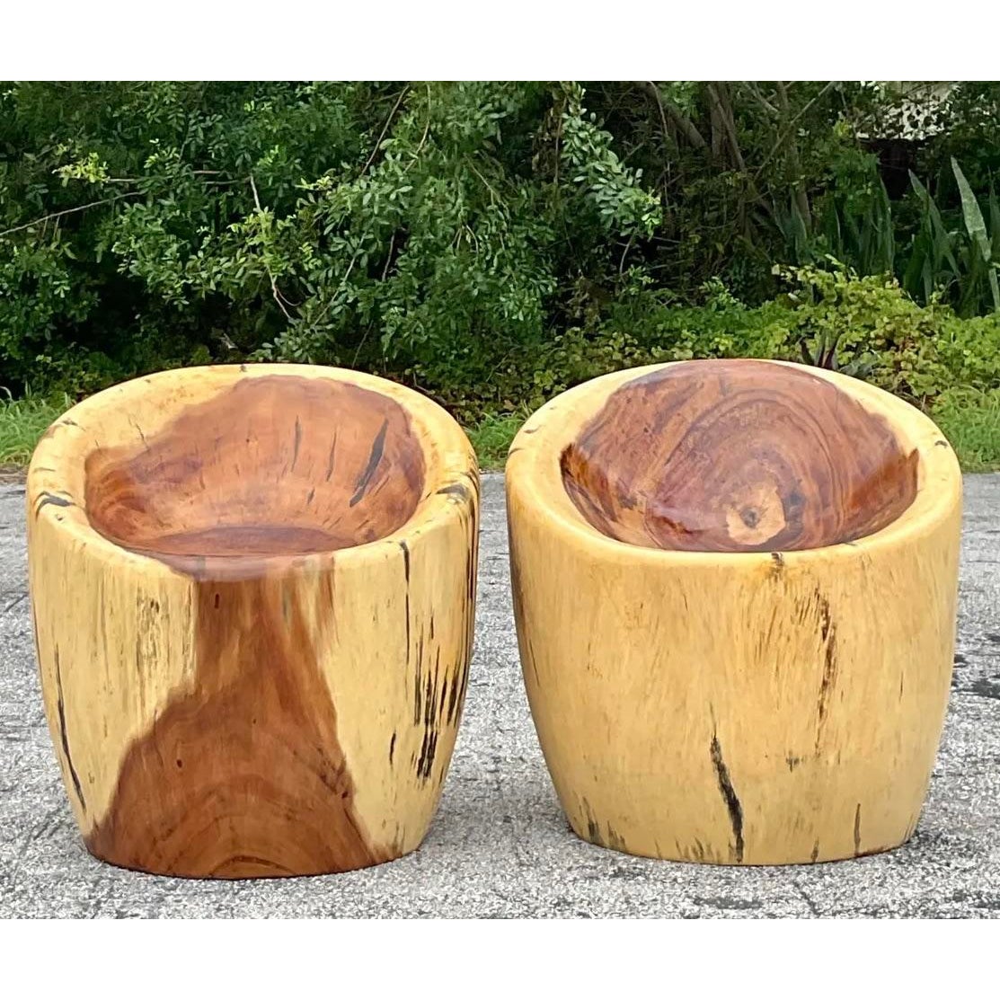 Vintage Albino Carved Wooden Stump Chairs - A Pair - Detail view