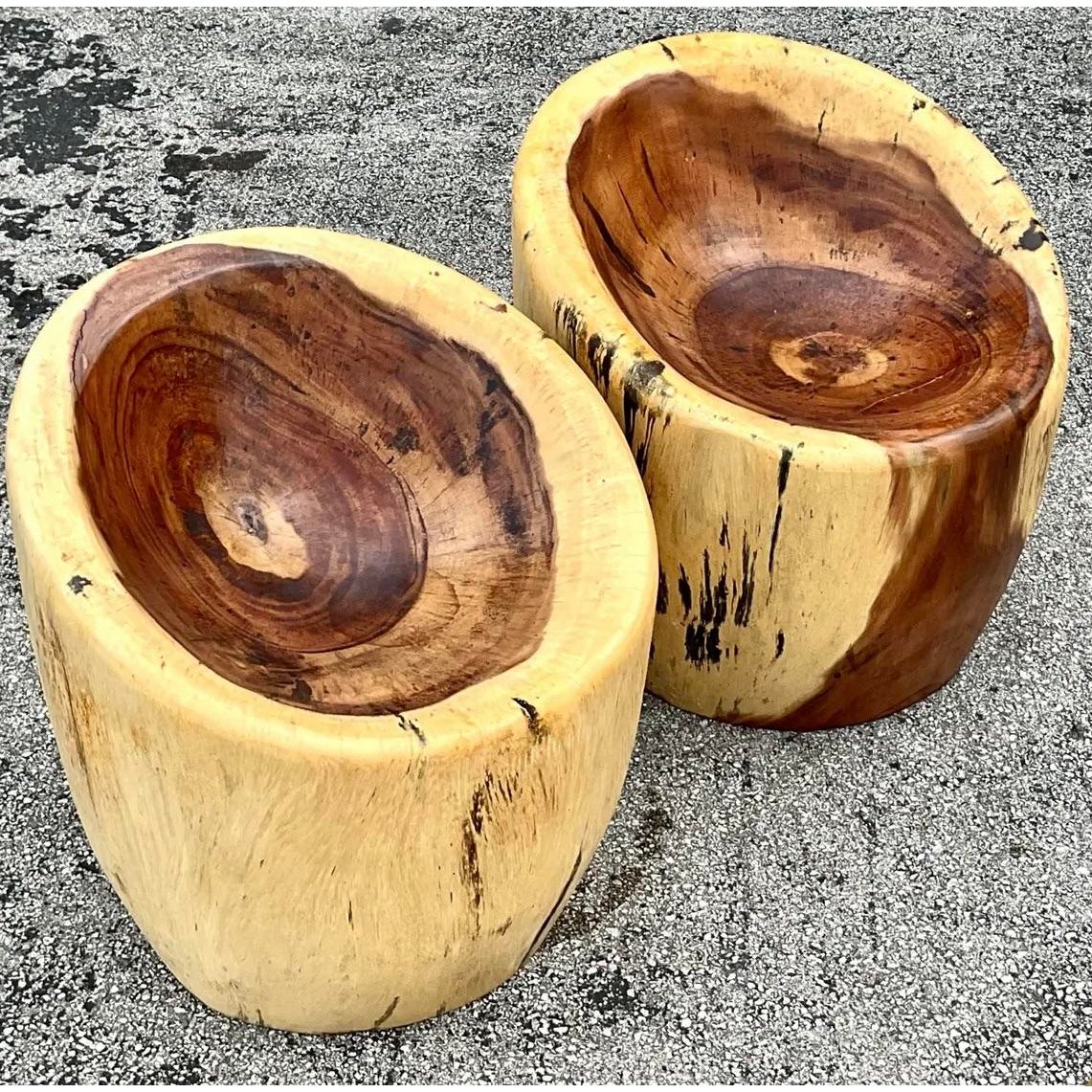 Vintage Albino Carved Wooden Stump Chairs - A Pair - Top view