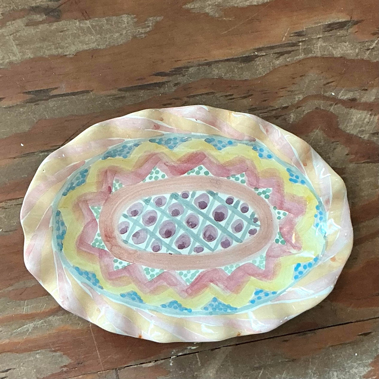 Vintage Regency Mackenzie Childs Glazed Ceramic Ruffle Platter - Back view