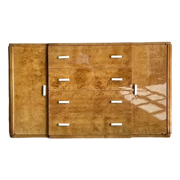 Vintage French Deco Burl Wood Credenza With Bone Handles