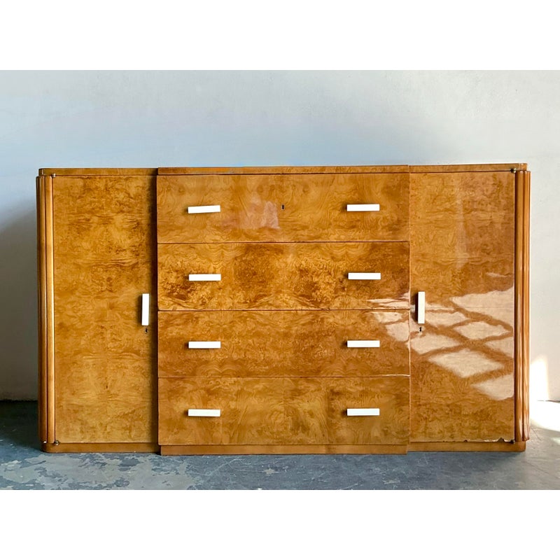 Vintage French Deco Burl Wood Credenza With Bone Handles - Detail view