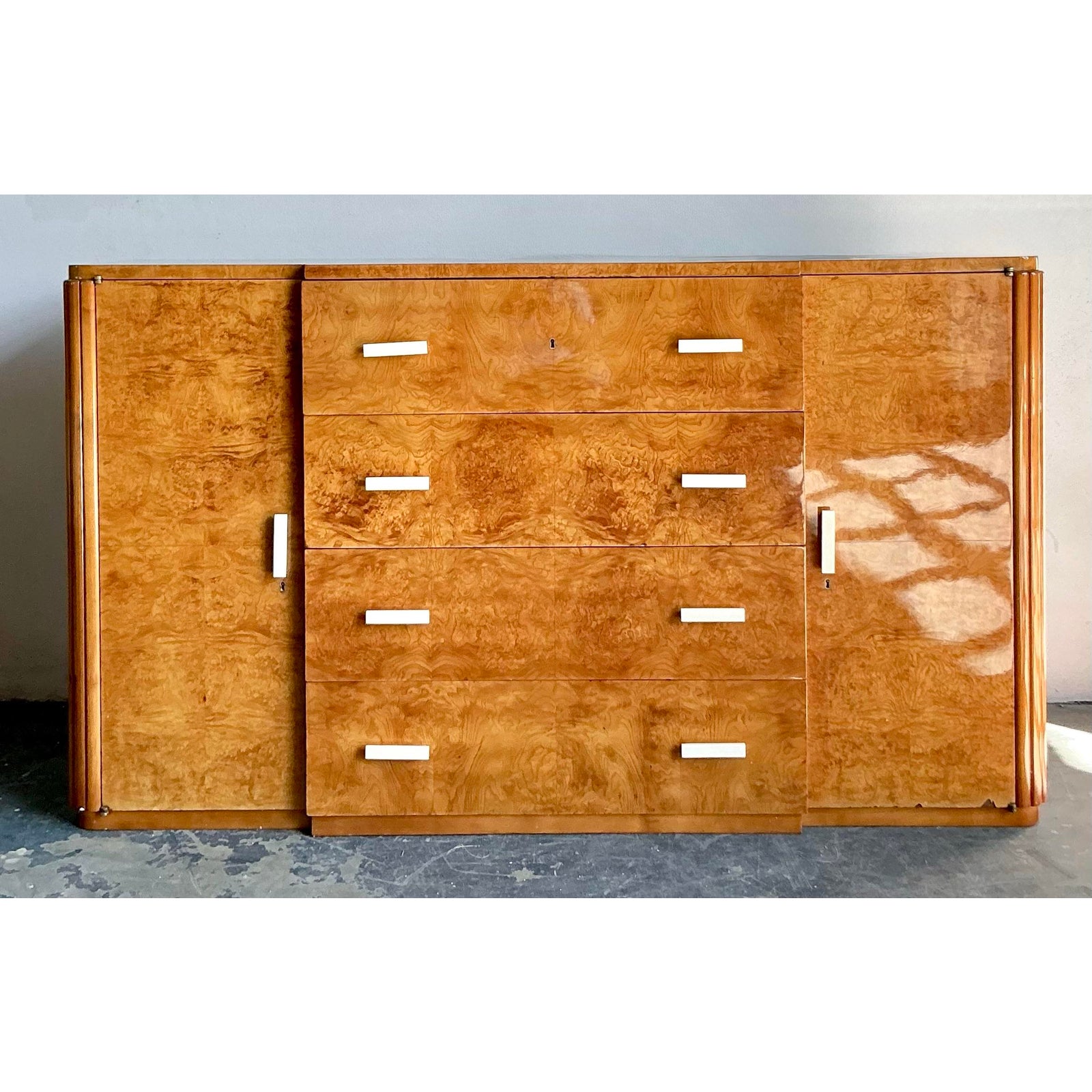 Vintage French Deco Burl Wood Credenza With Bone Handles - Top view