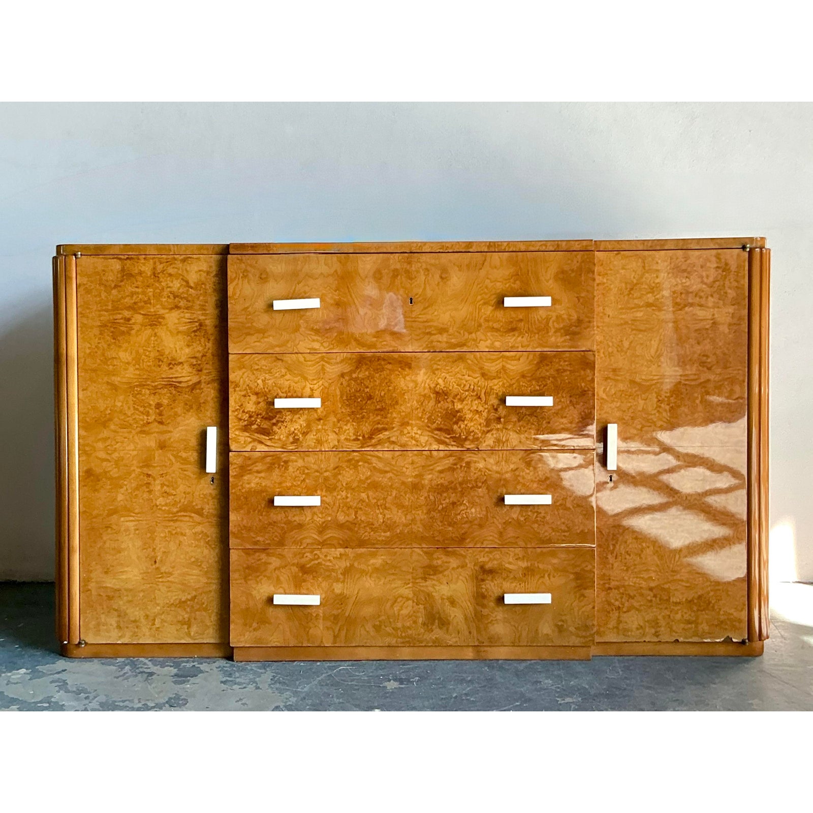 Vintage French Deco Burl Wood Credenza With Bone Handles - Side view