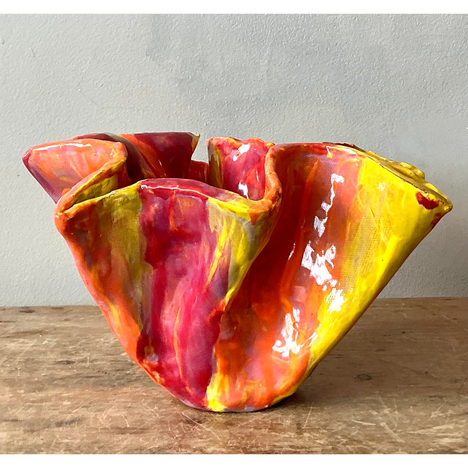Vintage Boho Ruffle Studio Pottery Bowl - Top view