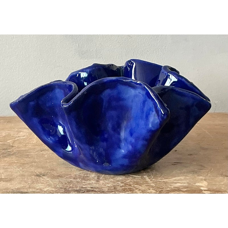 Vintage Boho Blue Ruffle Studio Pottery Bowl - Back view