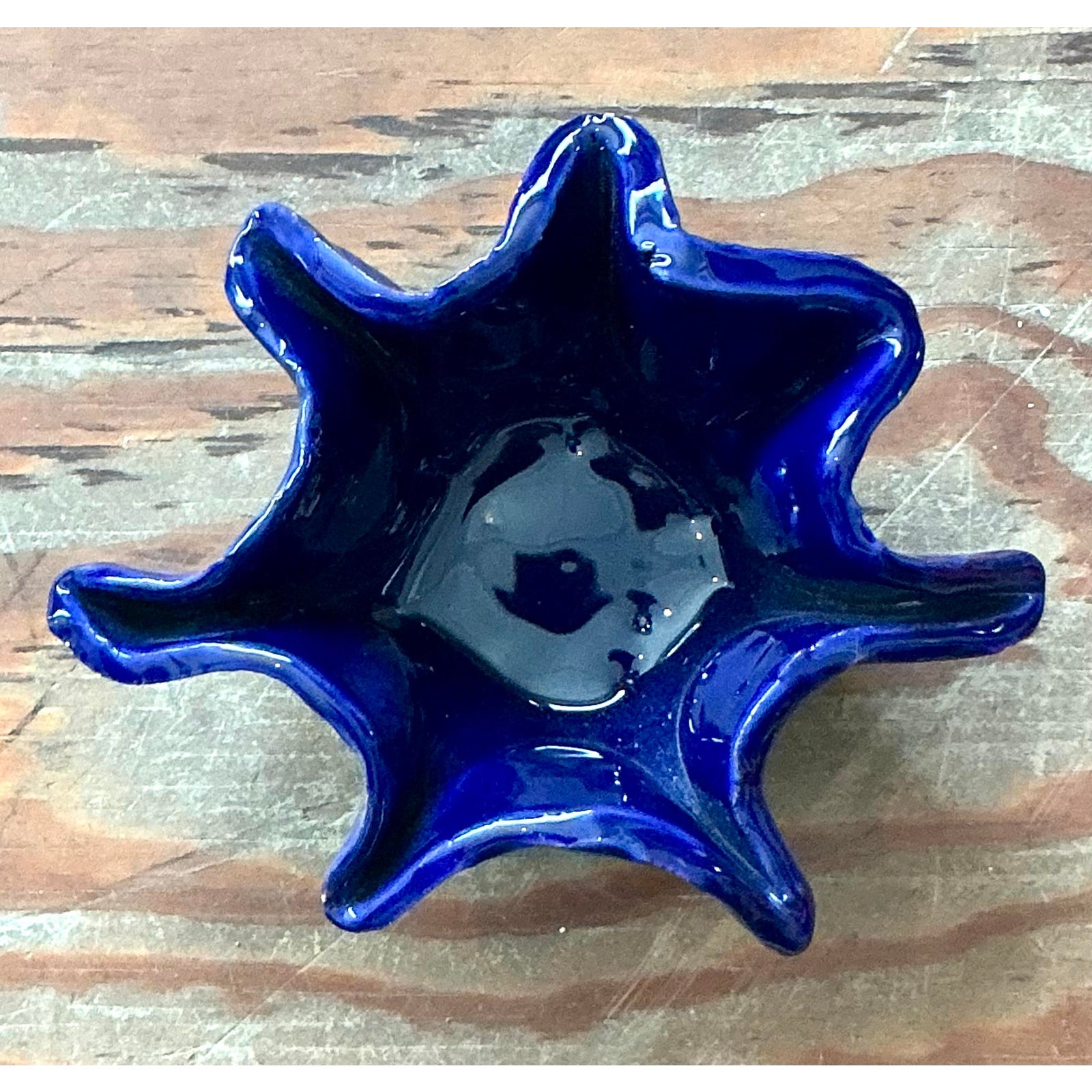 Vintage Boho Blue Ruffle Studio Pottery Bowl - Top view