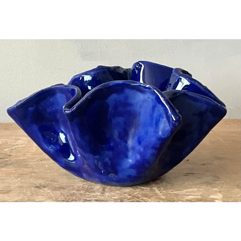 Vintage Boho Blue Ruffle Studio Pottery Bowl - Side view
