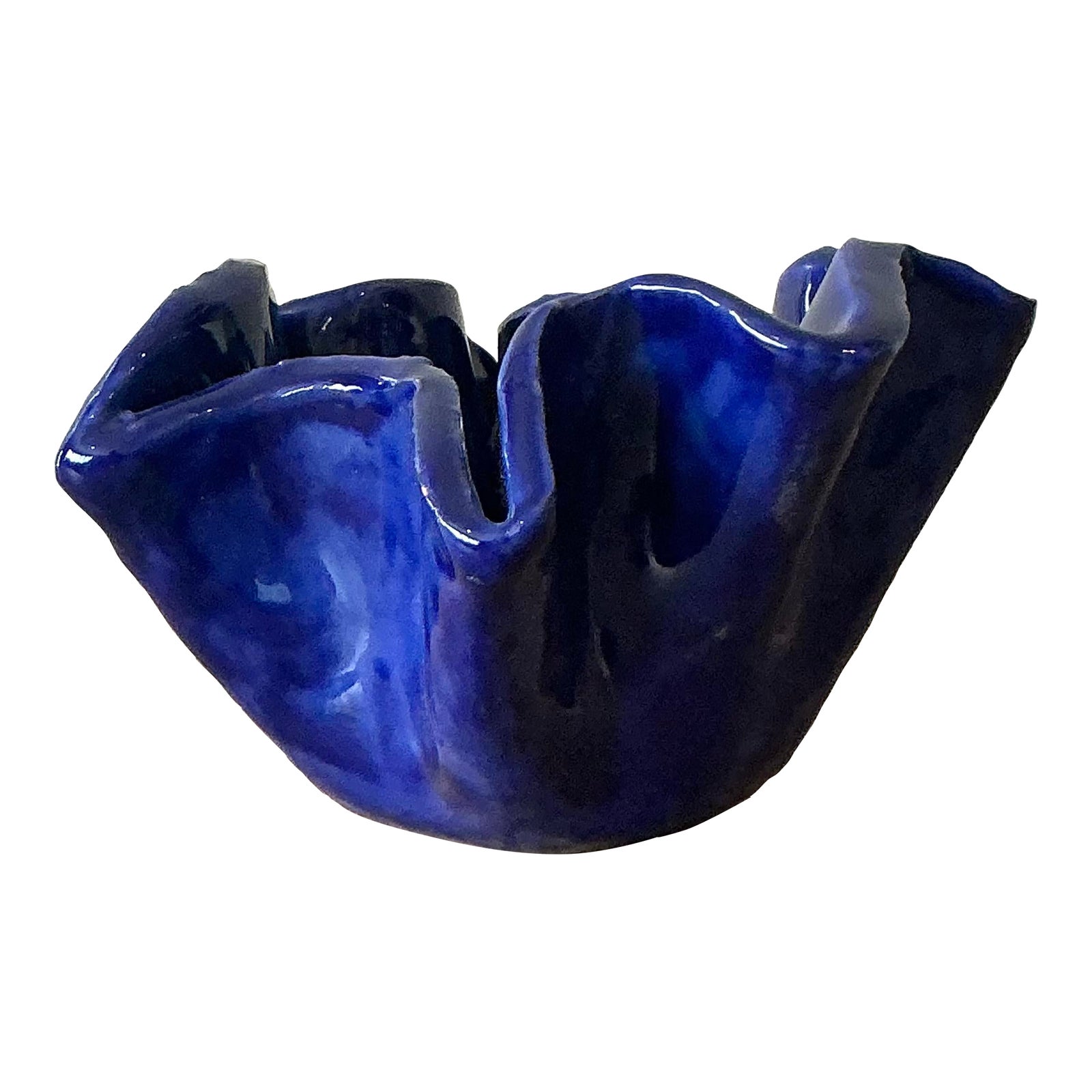 Vintage Boho Blue Ruffle Studio Pottery Bowl