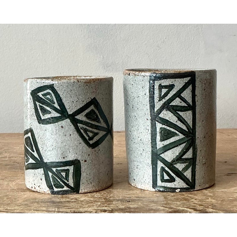 Vintage Boho Shapes Studio Pottery Cups - Set of 2 - Detail view