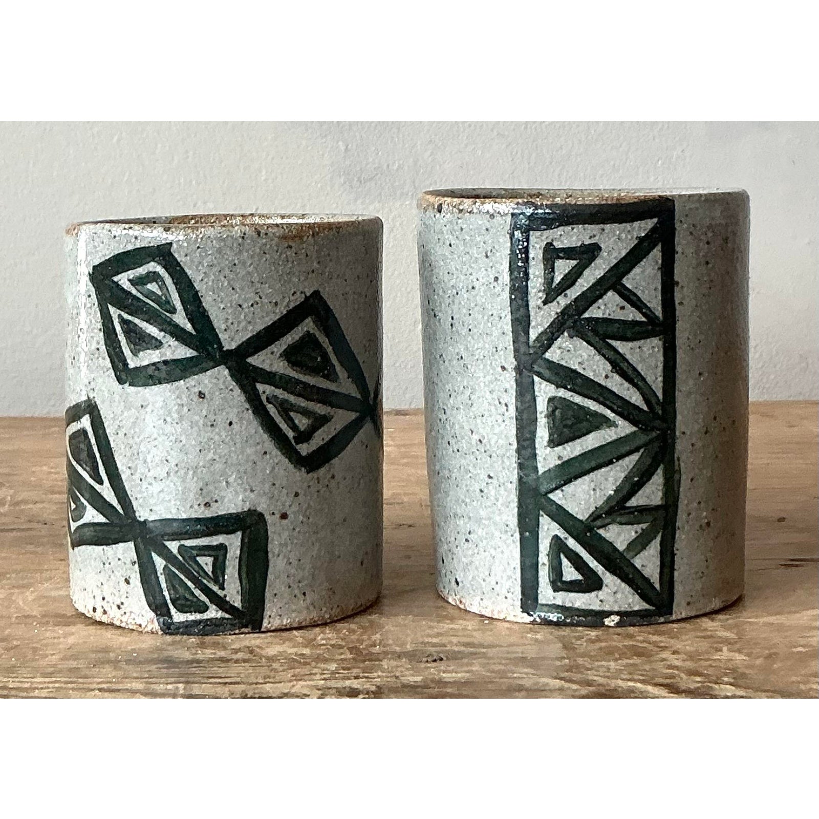 Vintage Boho Shapes Studio Pottery Cups - Set of 2 - Side view