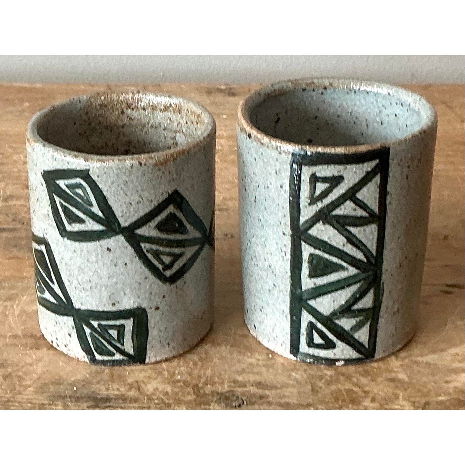 Vintage Boho Shapes Studio Pottery Cups - Set of 2 - Top view