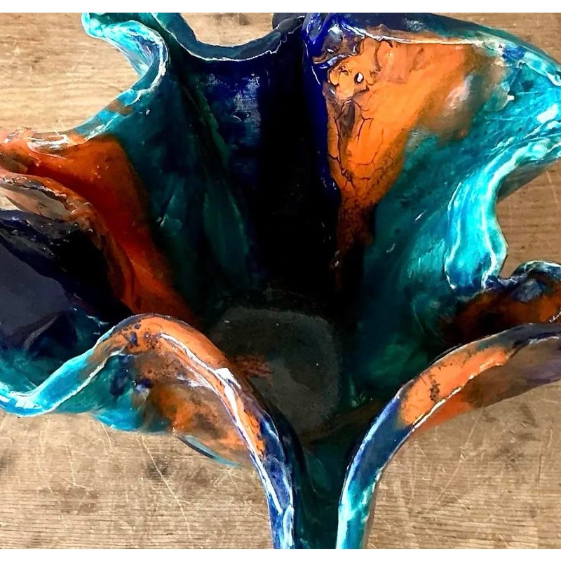 Vintage Boho Striped Studio Pottery Bowl - Top view