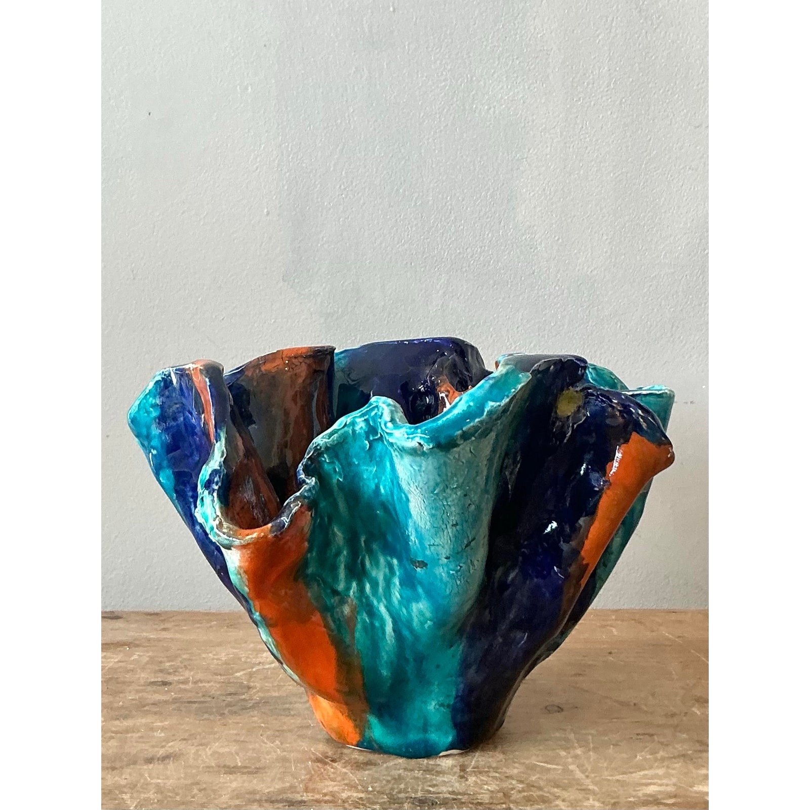 Vintage Boho Striped Studio Pottery Bowl - Back view