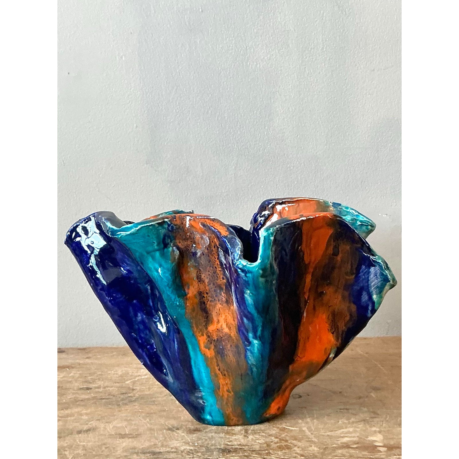 Vintage Boho Striped Studio Pottery Bowl - Side view