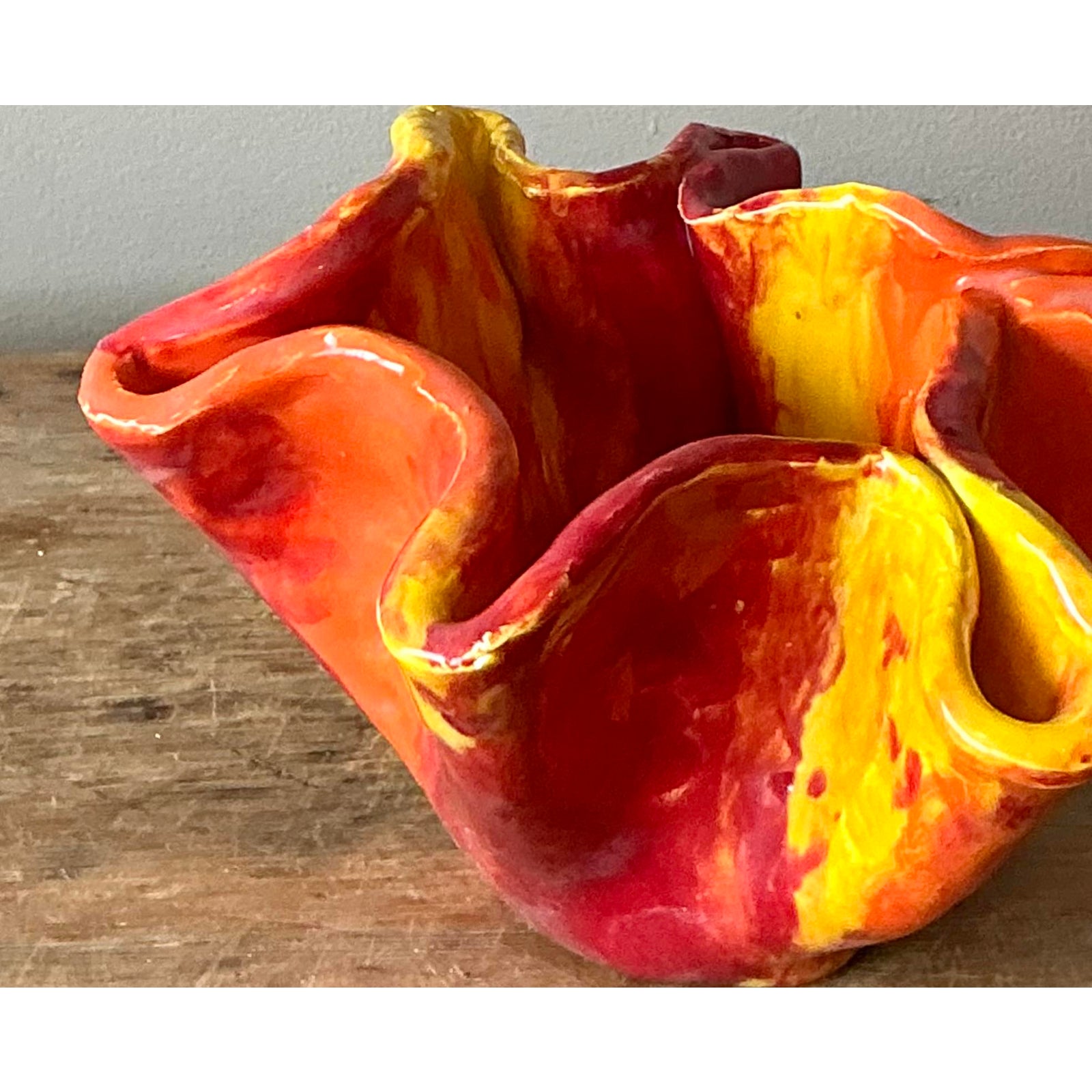 Vintage Boho Ruffle Stripe Studio Pottery Bowl - Side view