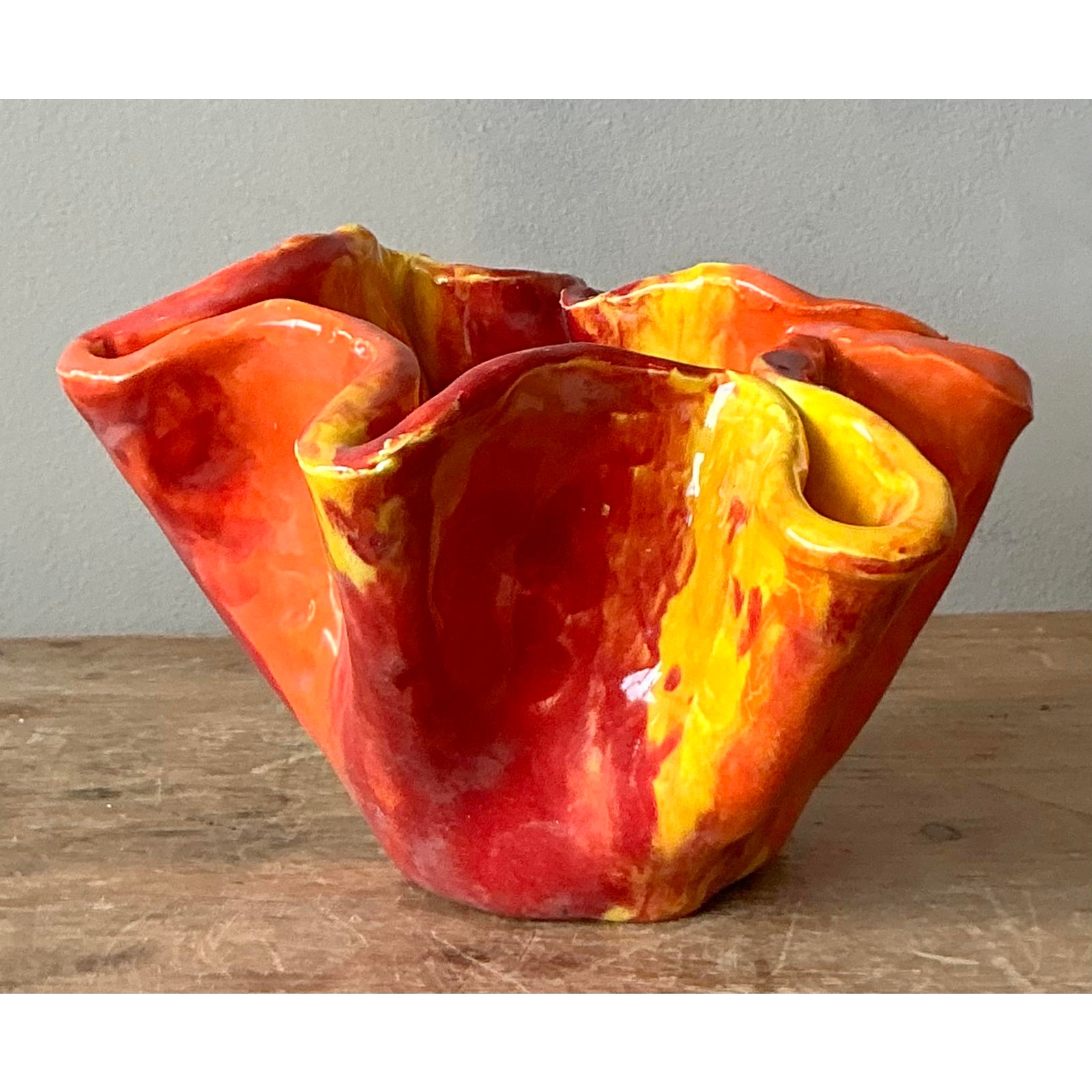 Vintage Boho Ruffle Stripe Studio Pottery Bowl - Top view