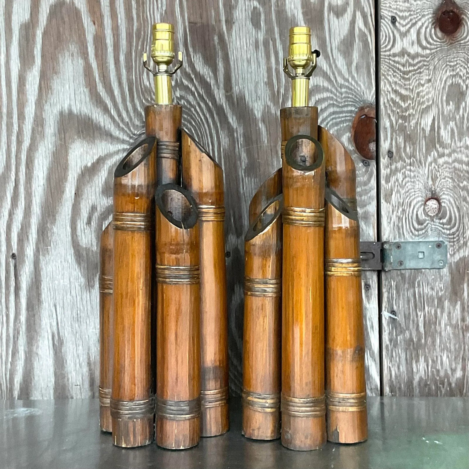 Vintage Coastal Bundled Bamboo Table Lamps - a Pair - Detail view
