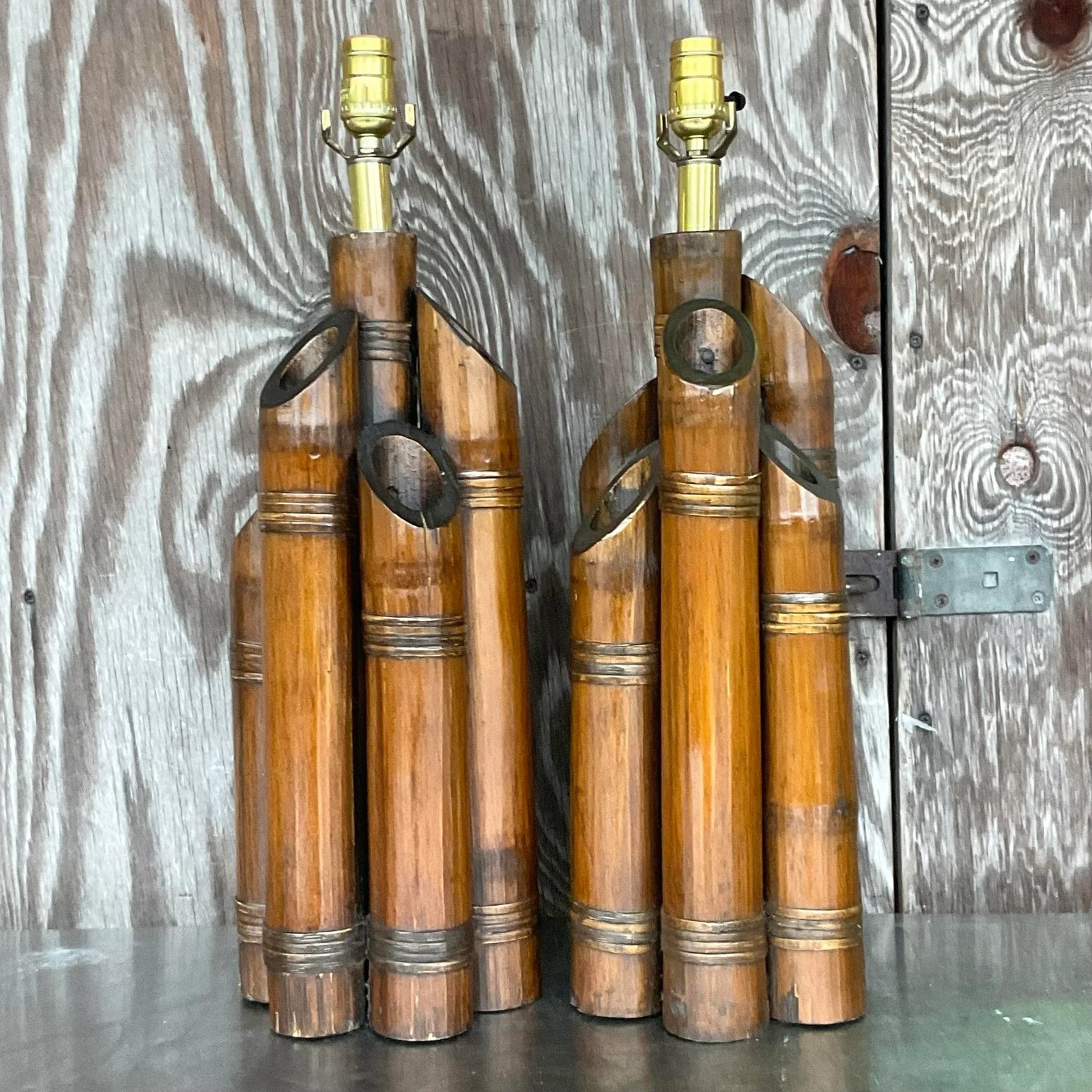 Vintage Coastal Bundled Bamboo Table Lamps - a Pair - Side view
