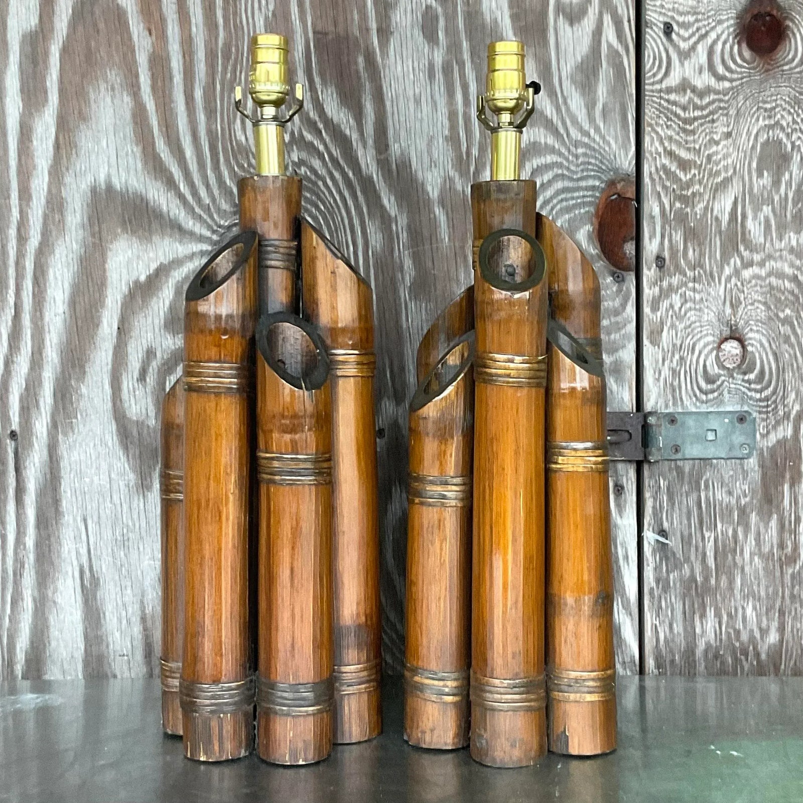 Vintage Coastal Bundled Bamboo Table Lamps - a Pair - Back view