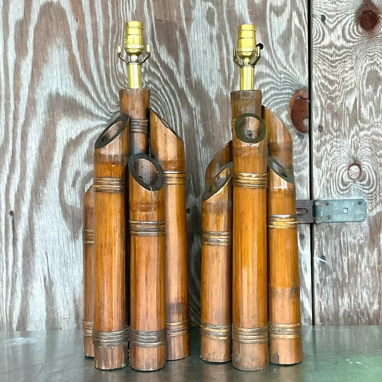Vintage Coastal Bundled Bamboo Table Lamps - a Pair - Top view