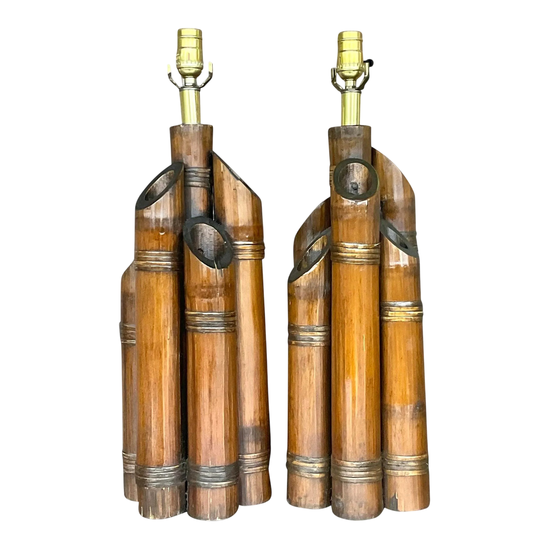 Vintage Coastal Bundled Bamboo Table Lamps - a Pair