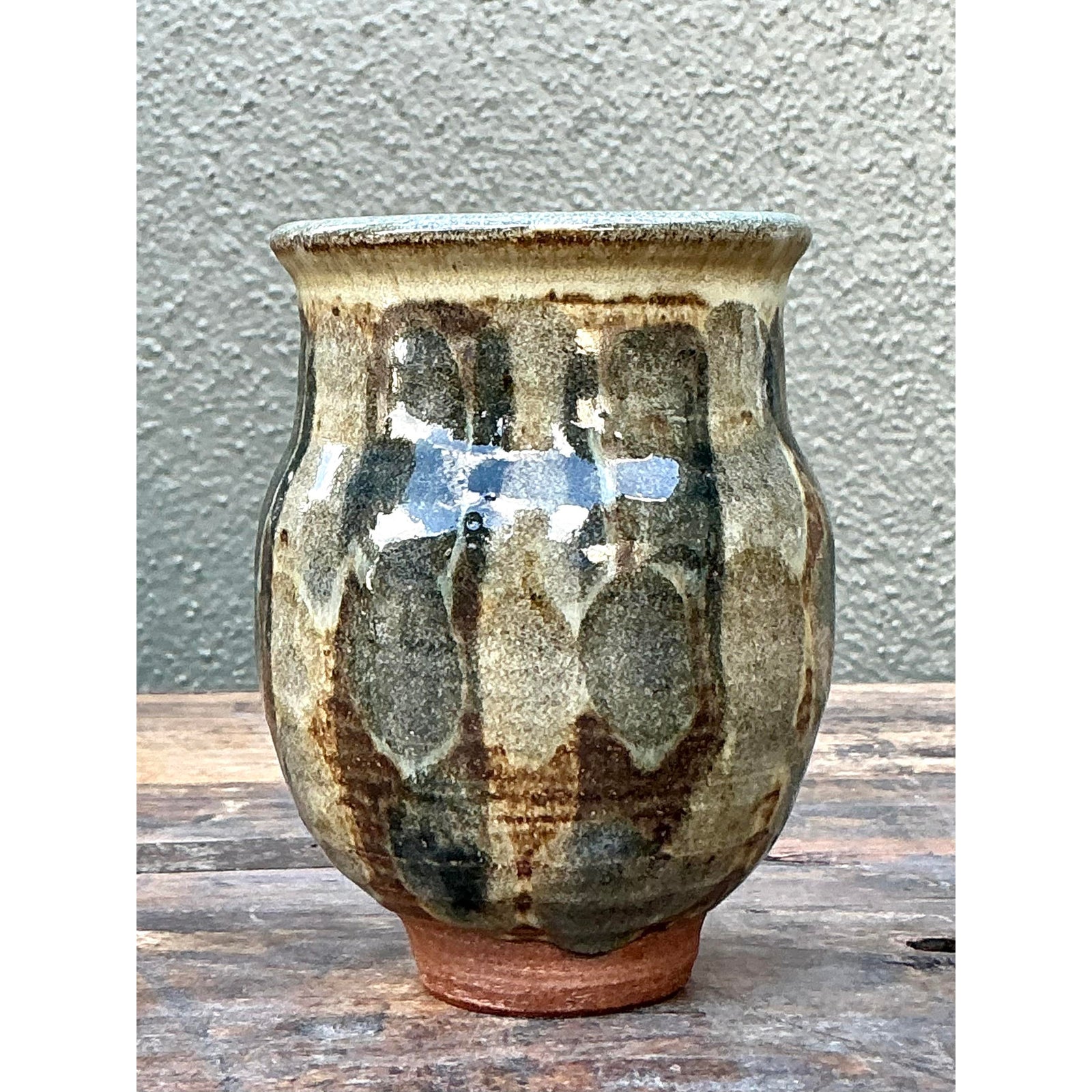 Vintage Boho Original Studio Pottery Small Striped Vase - Side view