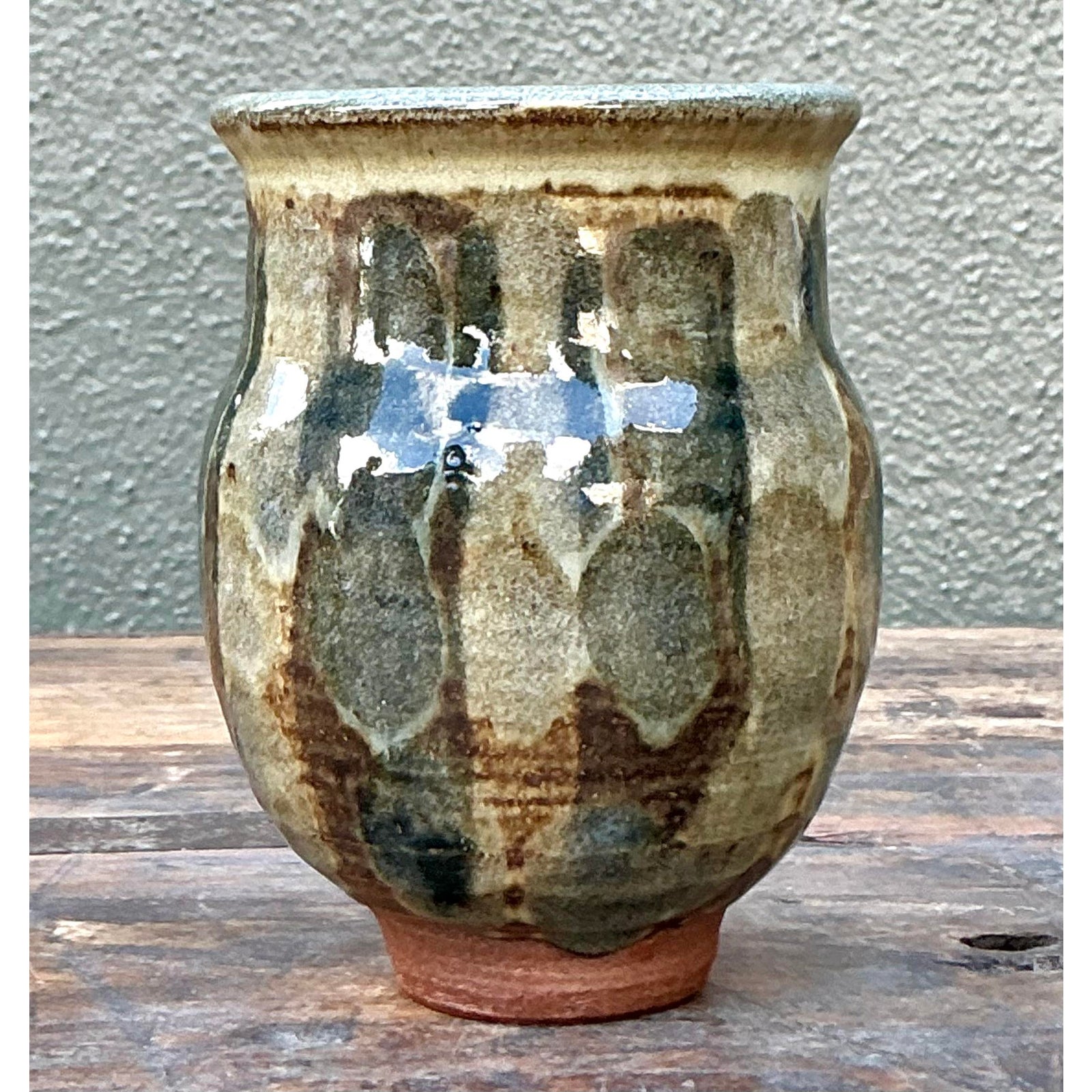 Vintage Boho Original Studio Pottery Small Striped Vase - Top view