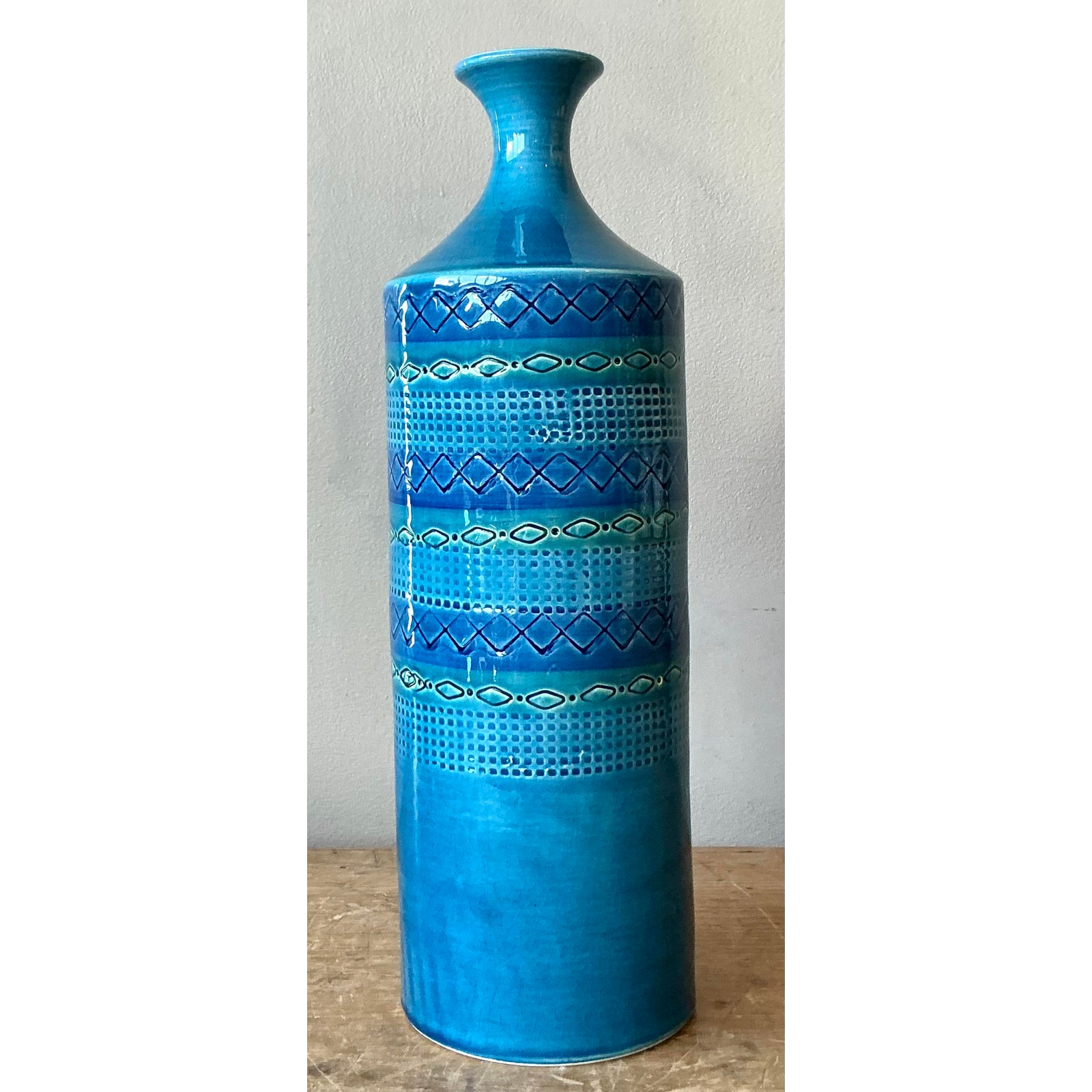 Vintage Italian Striped Glazed Ceramic Vase - Side view