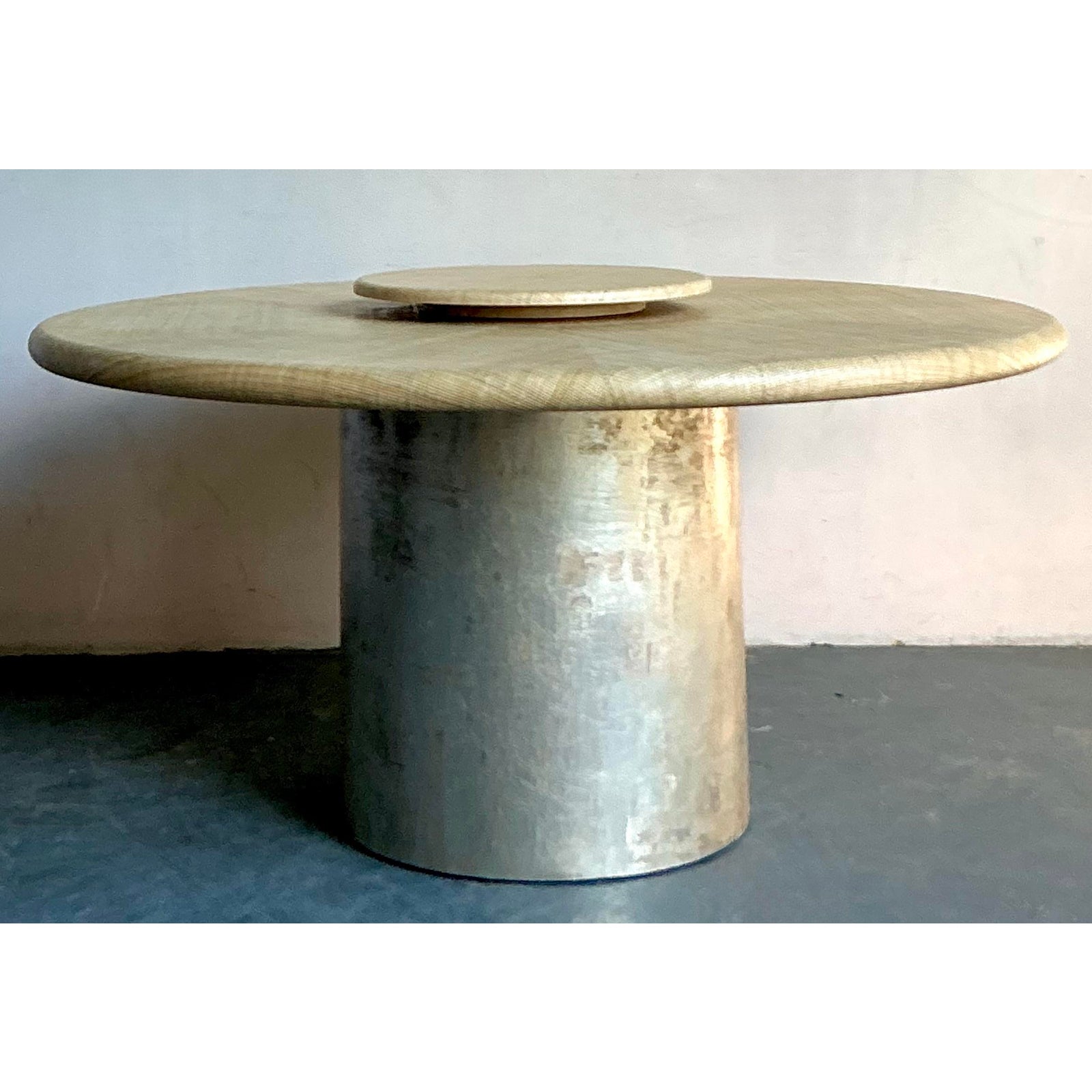Vintage Boho Harrison Van Horn Grasscloth Dining Table With a Custom Metallic Pedestal - Side view