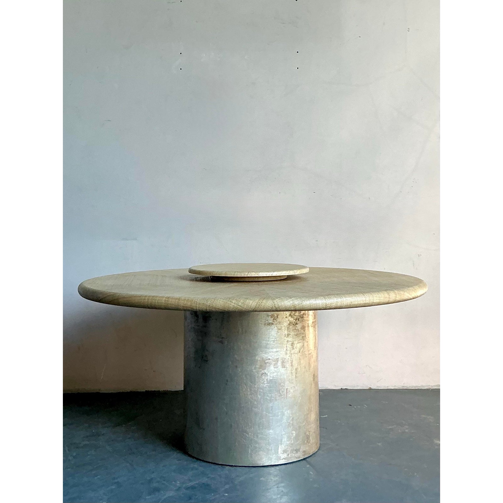 Vintage Boho Harrison Van Horn Grasscloth Dining Table With a Custom Metallic Pedestal - Detail view