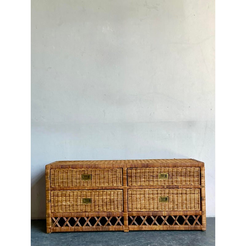 Vintage Boho Woven Rattan Trellis Low Credenza - Side view