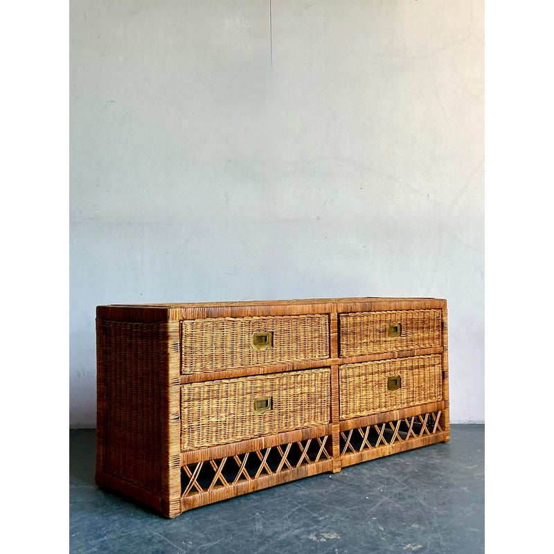 Vintage Boho Woven Rattan Trellis Low Credenza - Back view