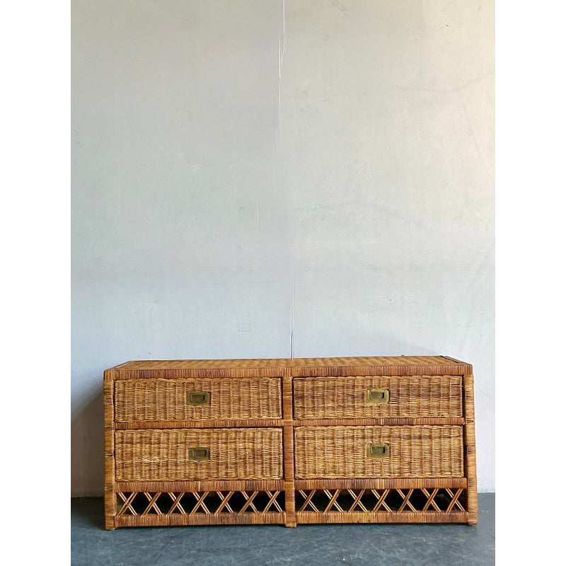 Vintage Boho Woven Rattan Trellis Low Credenza - Detail view