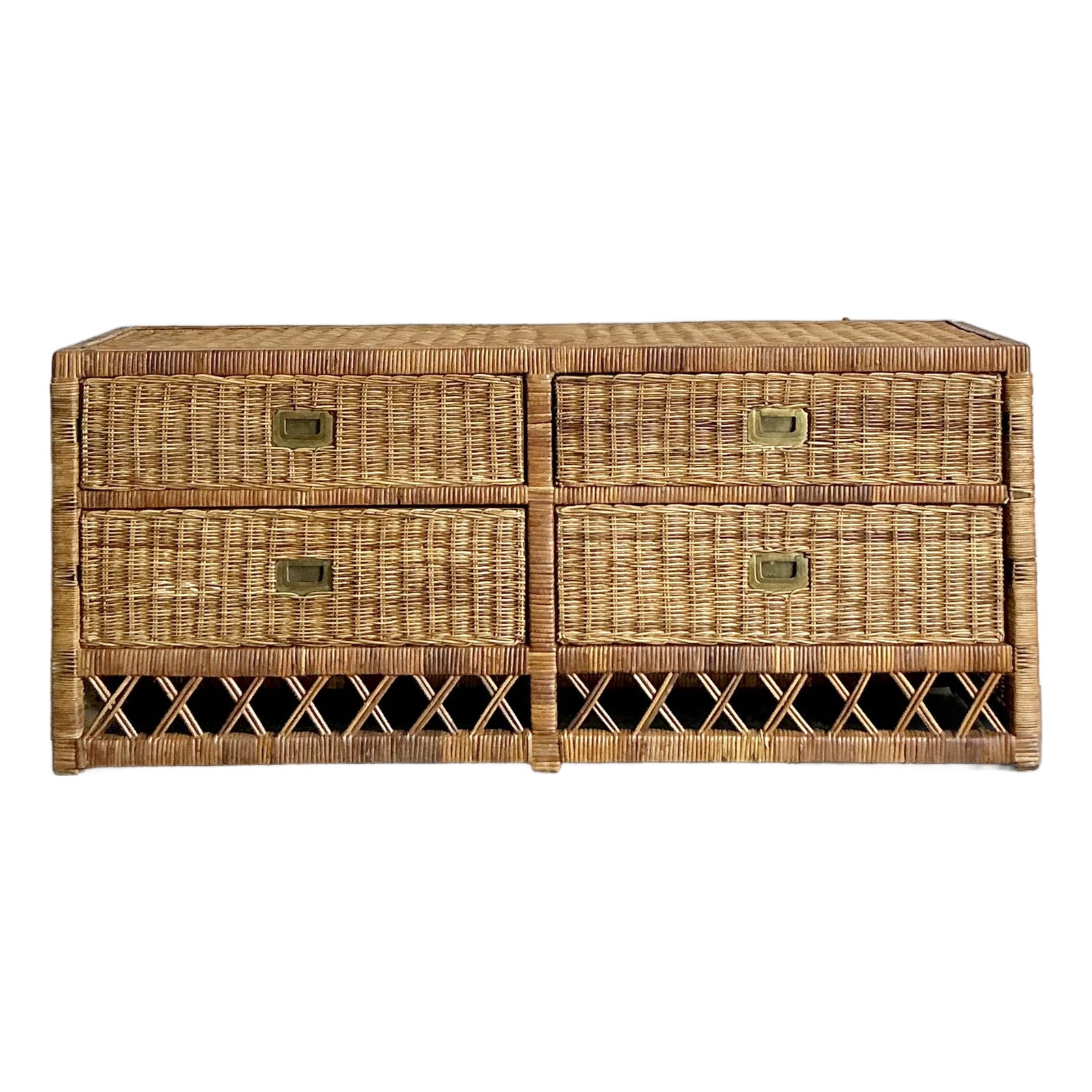 Vintage Boho Woven Rattan Trellis Low Credenza