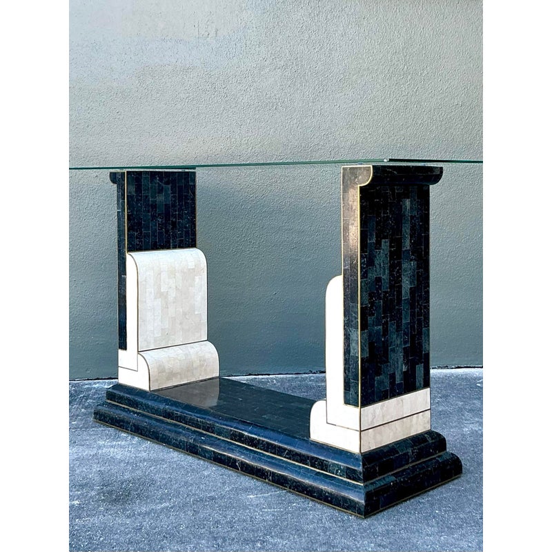 Vintage Boho Tessellated Stone and Brass Inlay Console Table - Back view